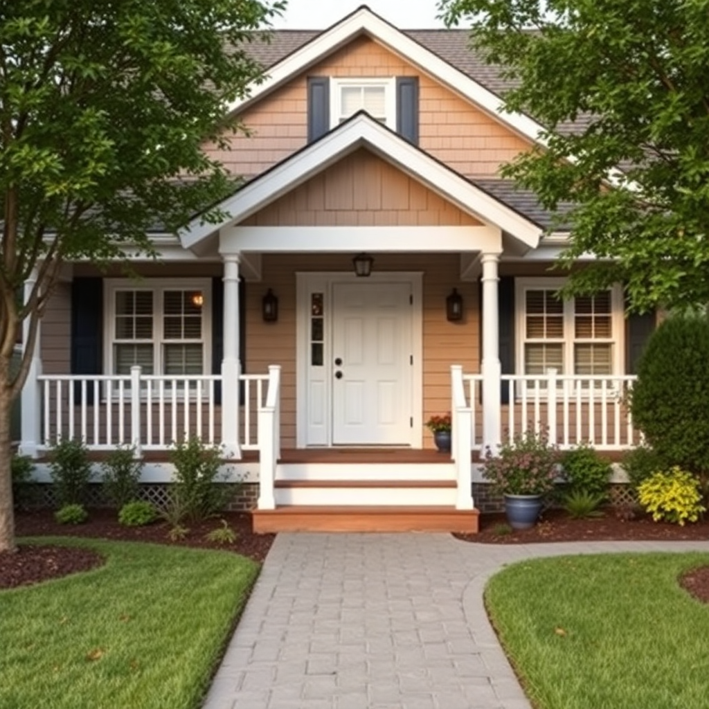 cozy suburban family home with front yard, traditional architecture, welcoming entrance